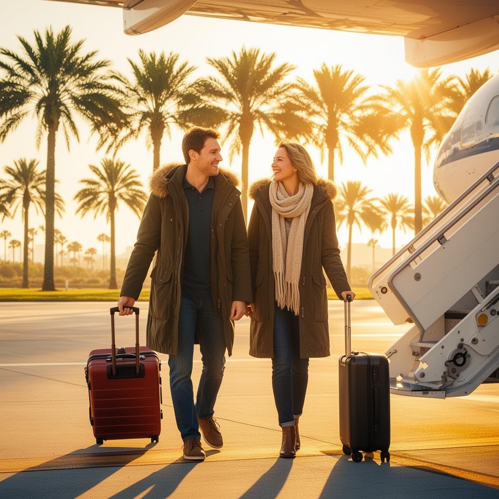 A Canadian couple in winter coats arriving in sunny Florida with luggage